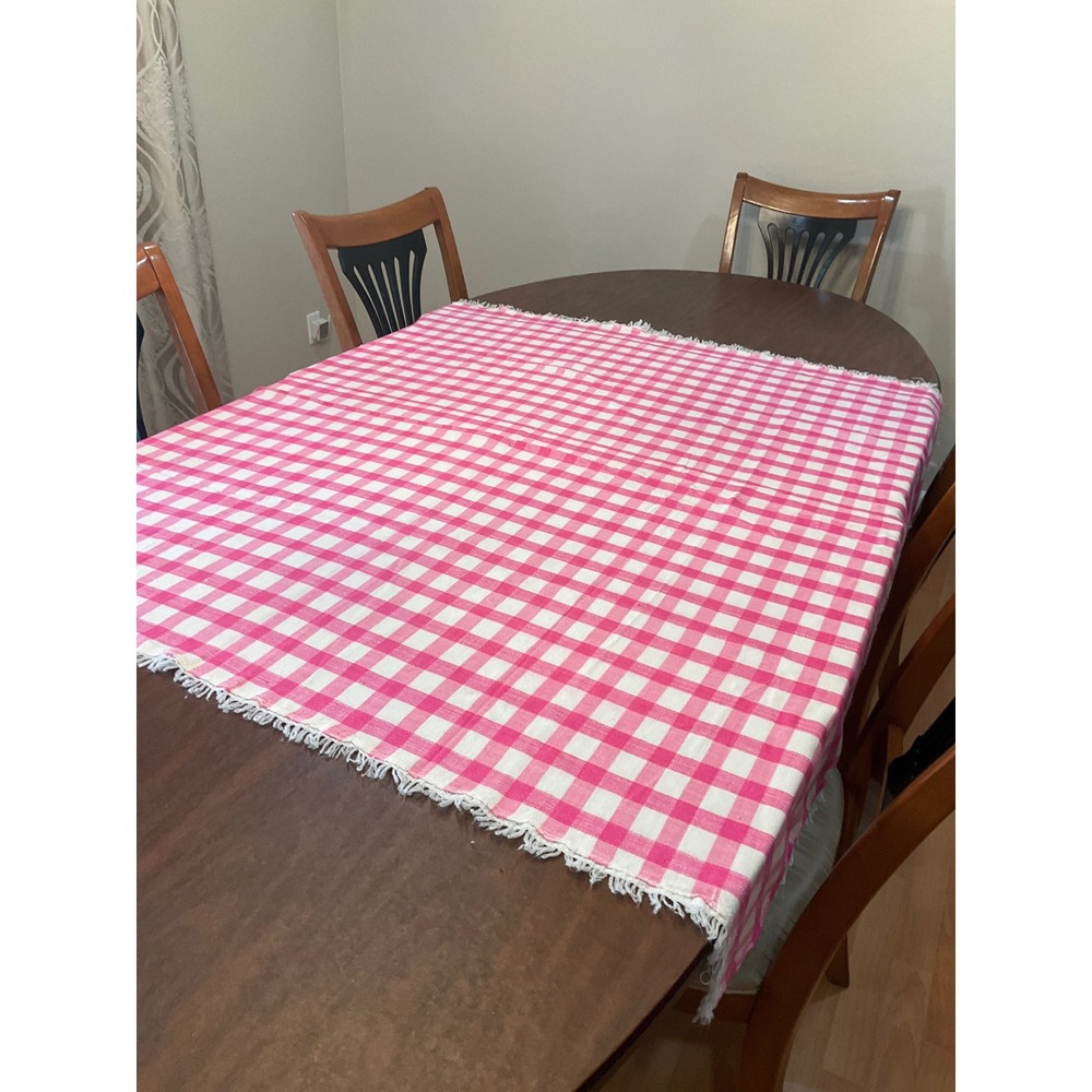 Vtg Pink Tablecloth Gingham Checker Fringe Cottagecore Picnic Country Grannycore